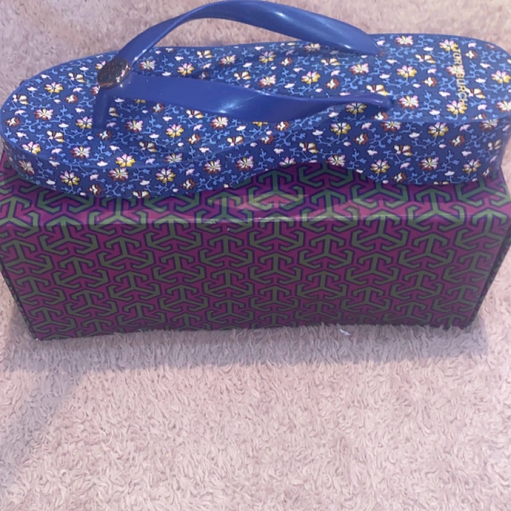Tory Burch Blue Floral Flip Flop Sandals - Picture 2 of 2